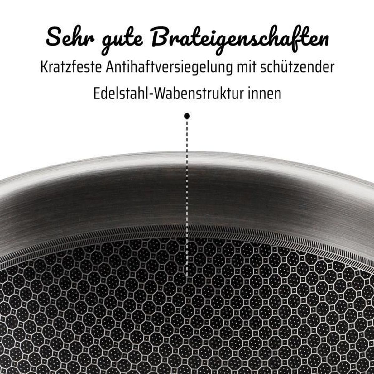Pfanne mit Wabenstruktur und Kratzfestigkeit. Gute Brateigenschaften.