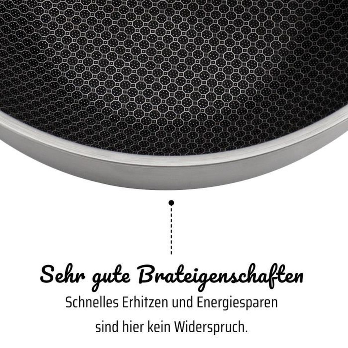 Pfannenboden mit Wabenmuster. Text: Sehr gute Brateigenschaften.