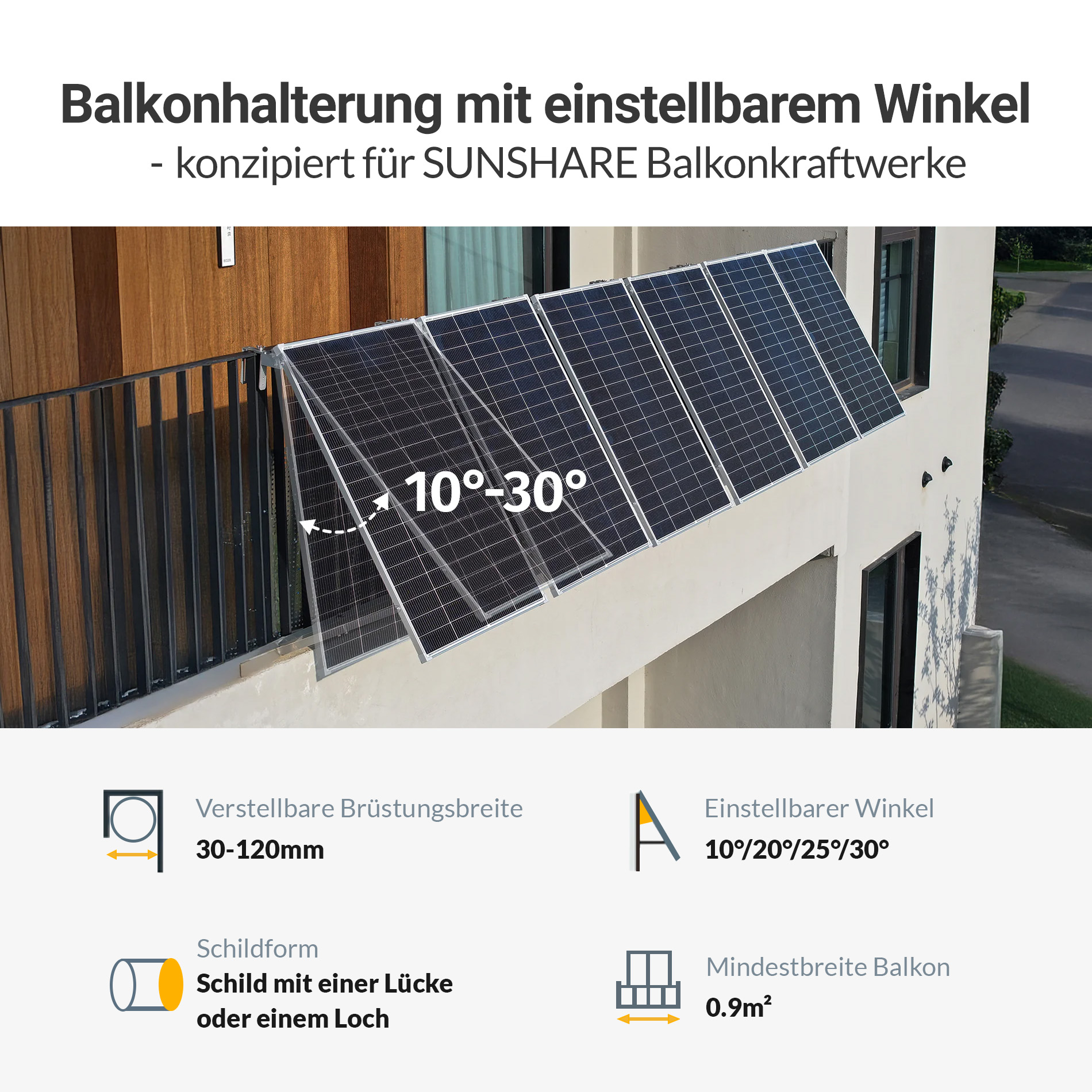 Balkonkraftwerk-Halterung mit einstellbarem Winkel 10-30 Grad.