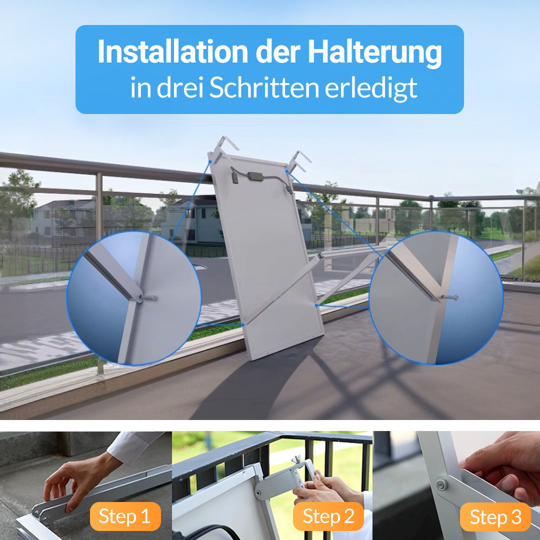 Installation einer Halterung in drei Schritten. Detailansichten zeigen Schrauben.