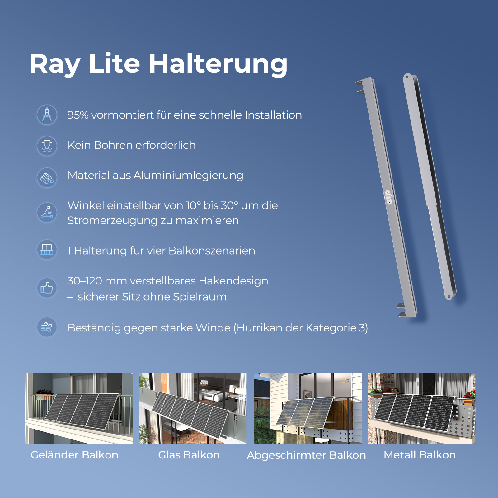 Ray Lite Halterung mit Montageoptionen für Balkone.