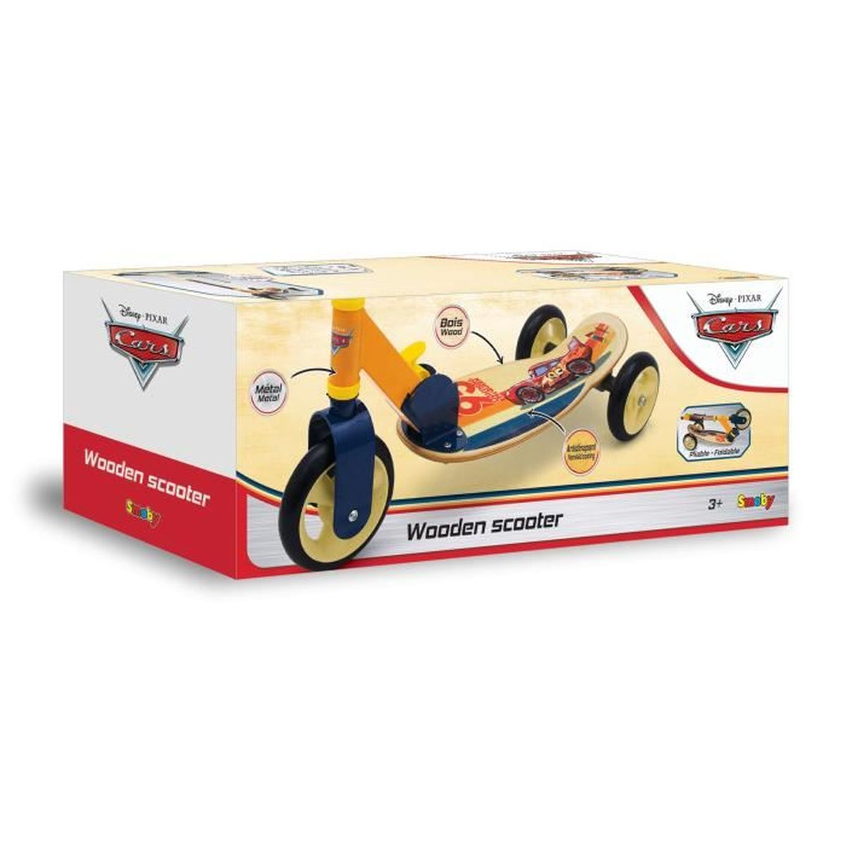 Ein dreirädriger Holzroller im Cars-Design mit gelbem Lenker und blauen Gabeln.