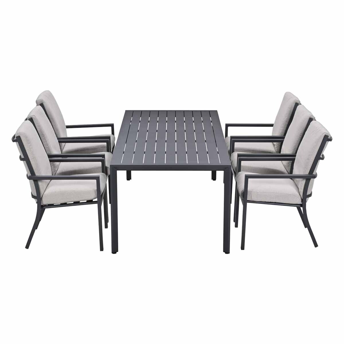 Een rechthoekige grijze tafel met zes lichtgrijze fauteuils.