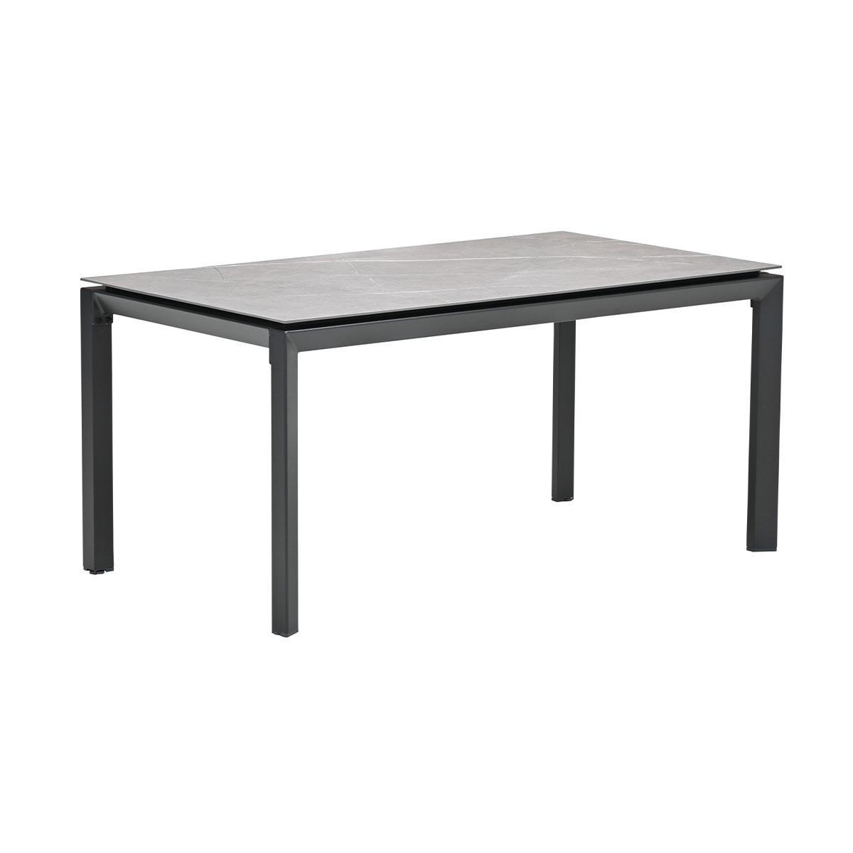 Een rechthoekige tafel met een grijs stenen blad en een donker metalen frame.