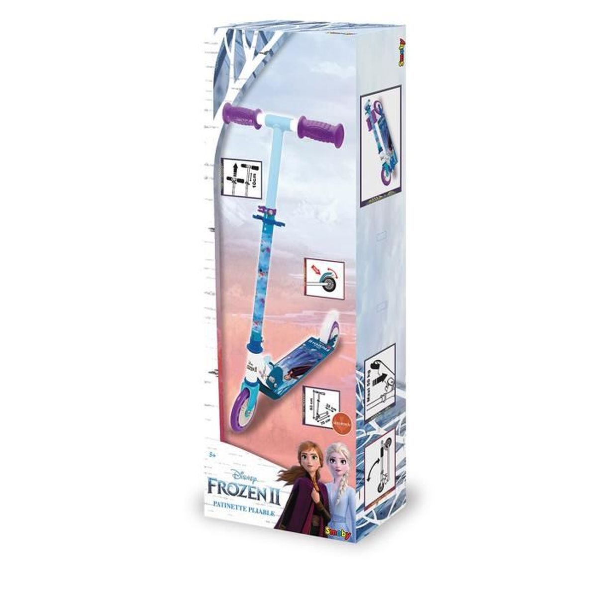 Ein blauer und violetter Disney Frozen Roller auf einer Verpackung mit Elsa und Anna.