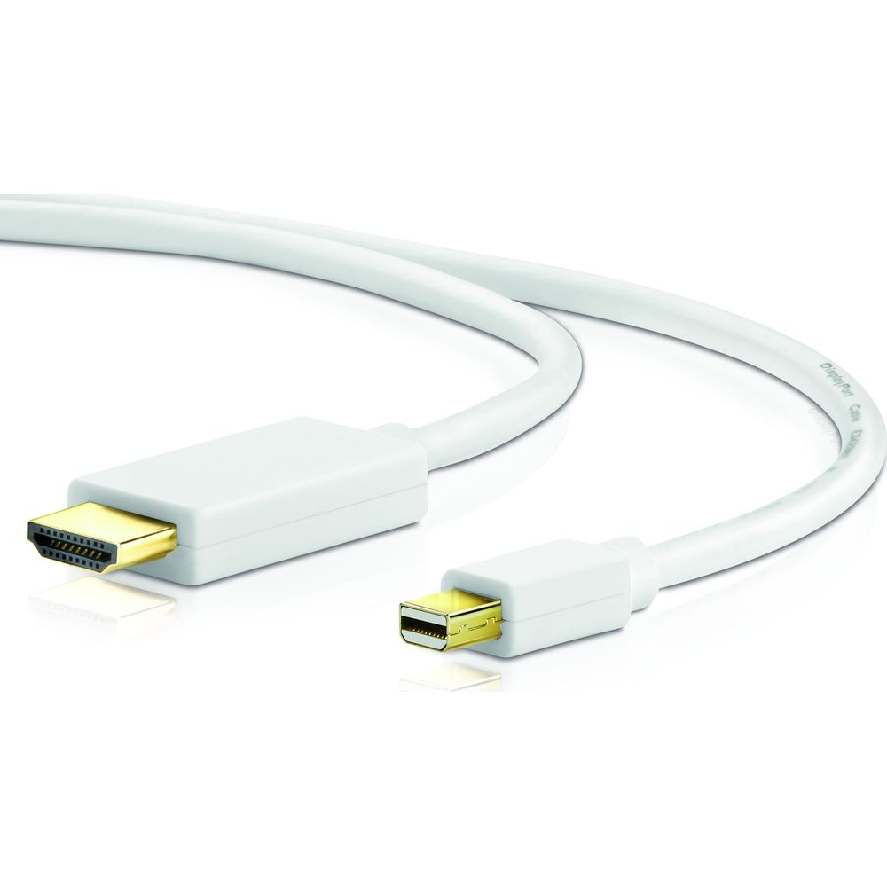 Ein weißes Kabel mit einem HDMI- und einem Mini-DisplayPort-Stecker.