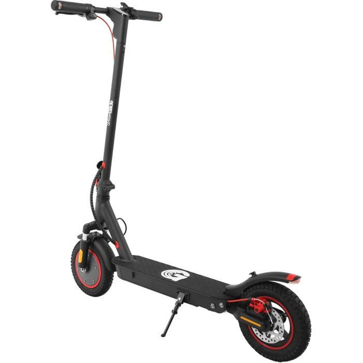 Un scooter électrique noir avec des accents rouges sur fond blanc.