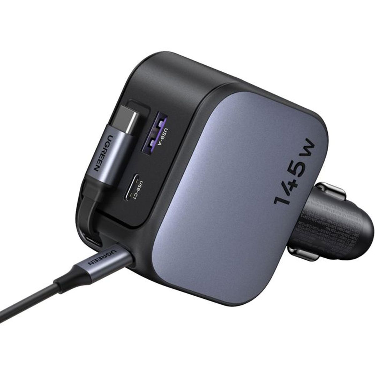 Czarno-szara ładowarka samochodowa UGREEN 145W z portami USB-A i USB-C.