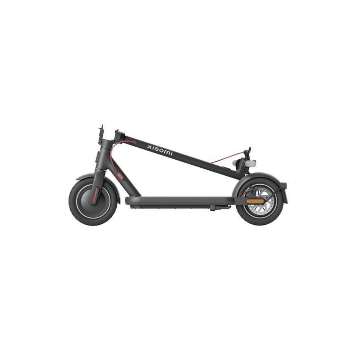Un scooter électrique Xiaomi noir avec des accents rouges, sur fond blanc.