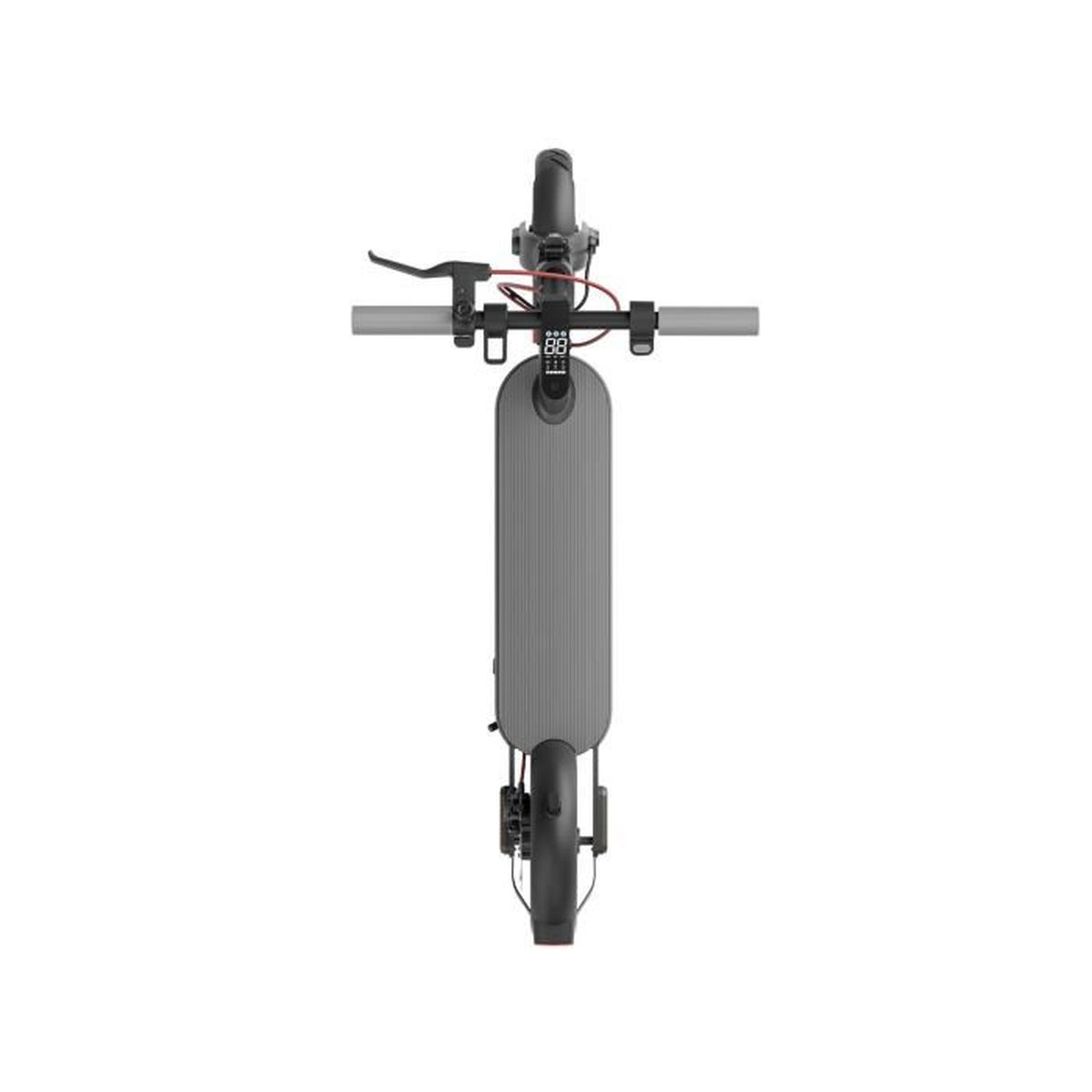 Vue de dessus d'un scooter électrique gris avec guidon, écran et plateau.
