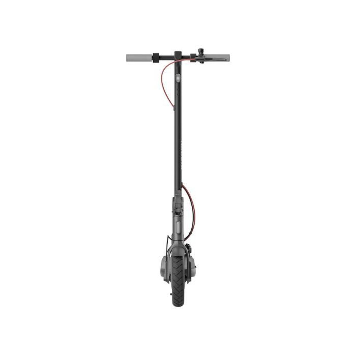Un scooter électrique noir montrant guidon, câble et roue avant.