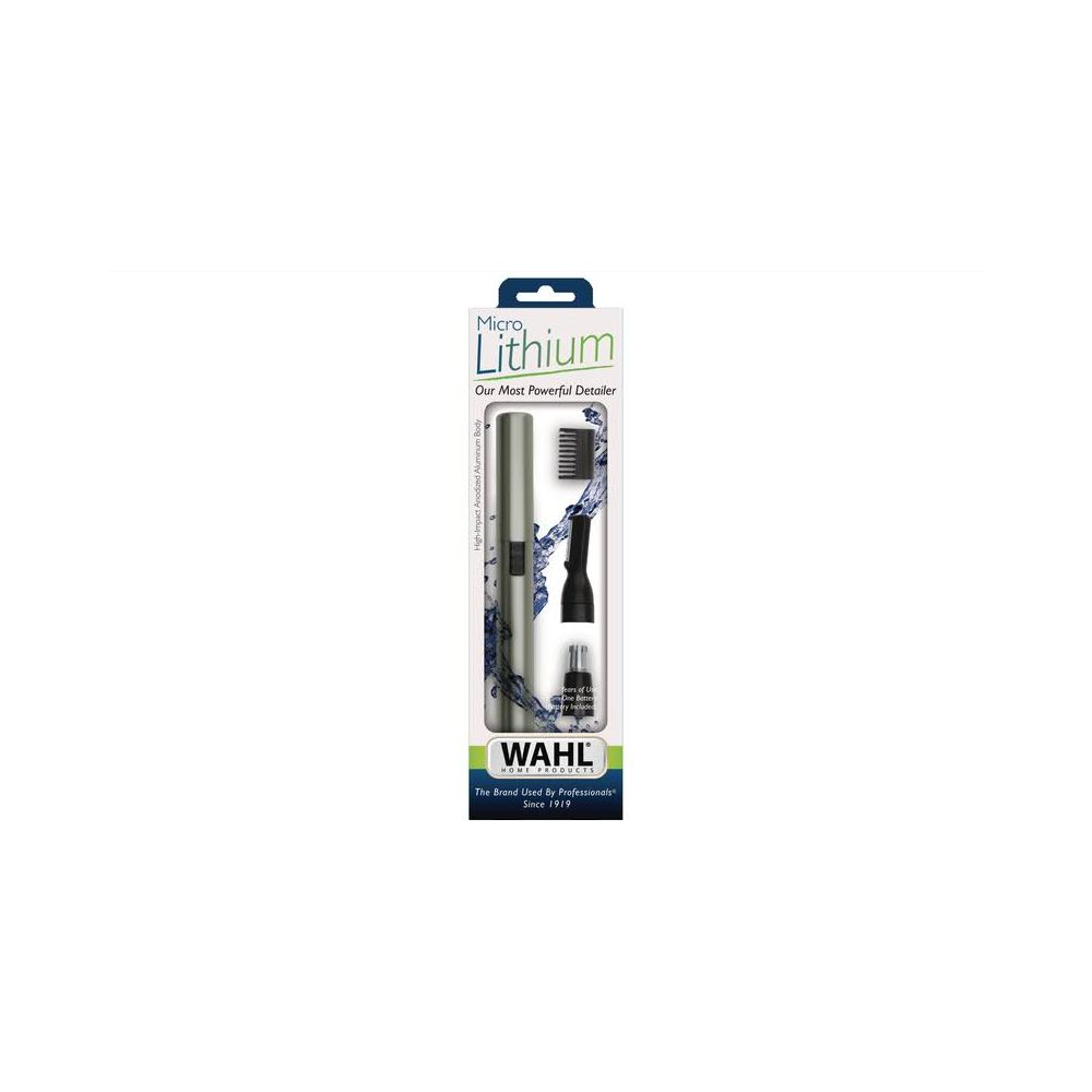 Wahl Lithium Detailer im Paket mit Zubehör, silberfarben mit schwarzer Kappe.