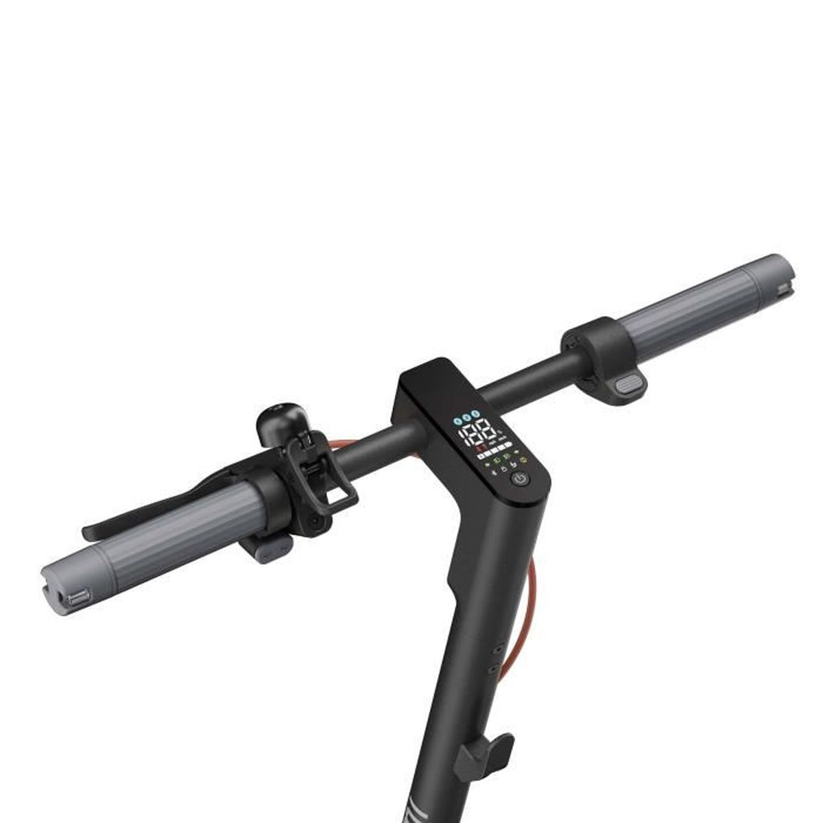 Manubrio di uno scooter elettrico nero con display e impugnature.