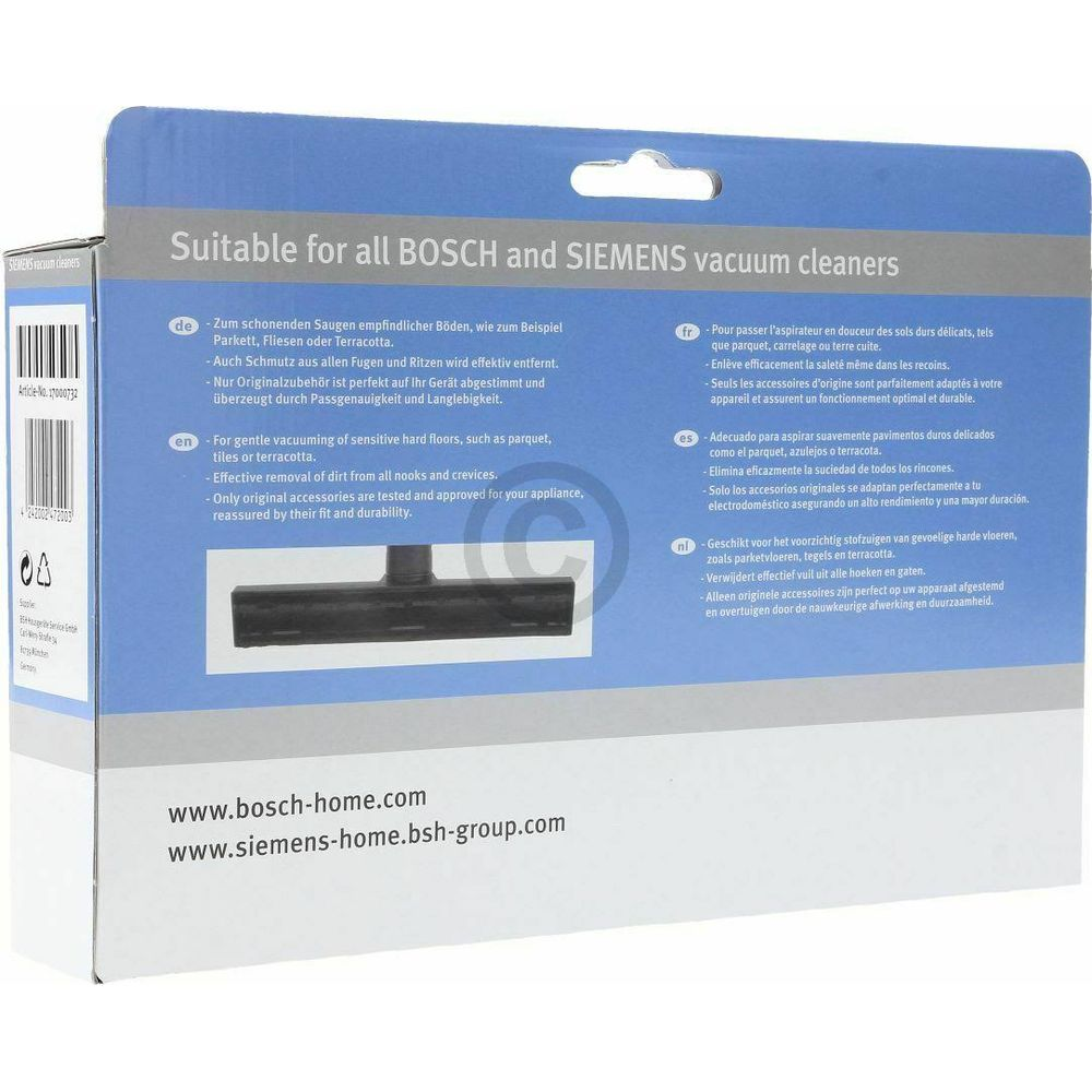 Embalaje para accesorios aspiradora Bosch/Siemens con texto.