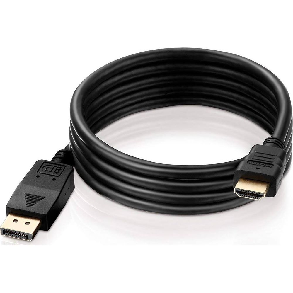 Ein schwarzes Kabel mit DisplayPort- und HDMI-Anschlüssen.