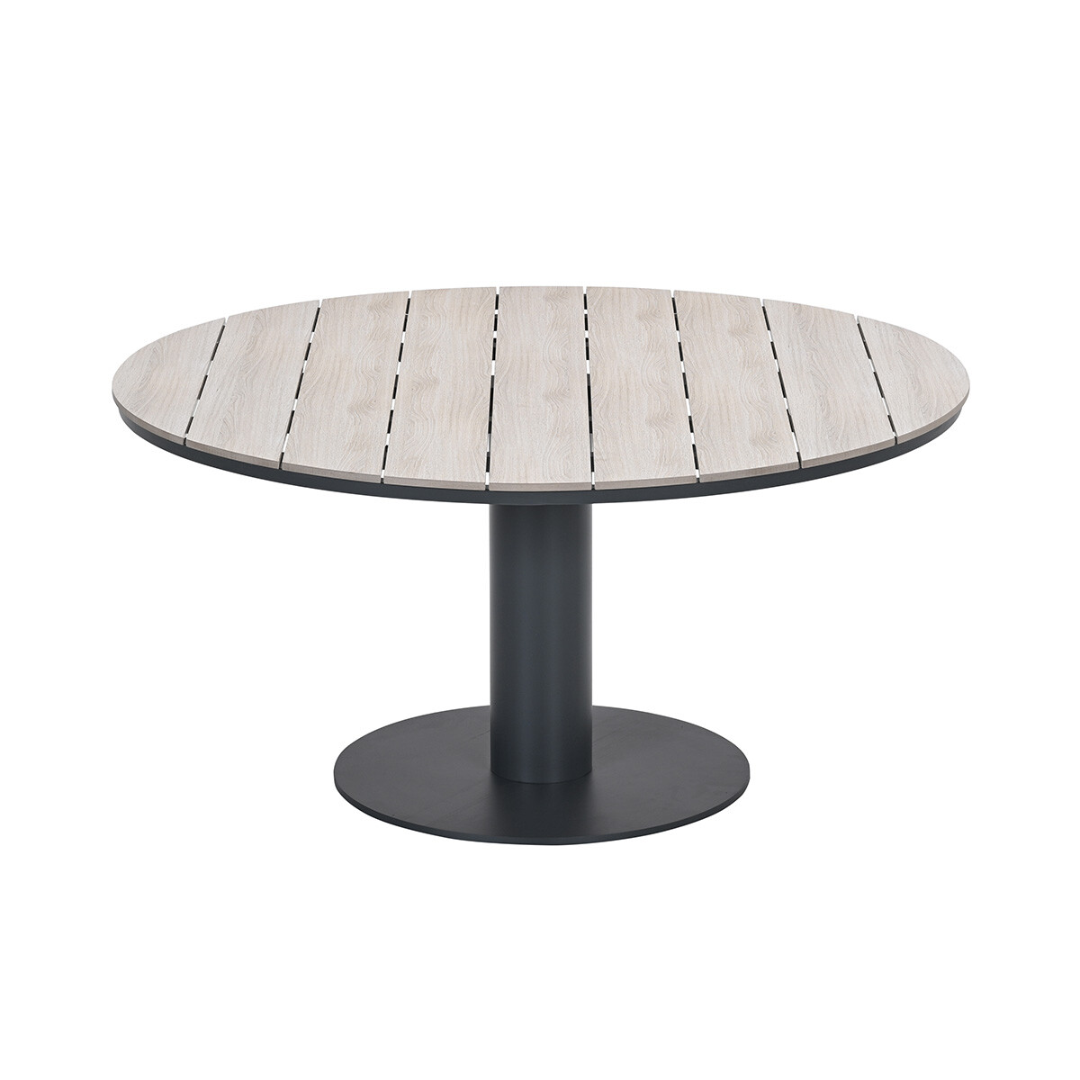 Ronde tafel met lattenbodem en donkere voet.