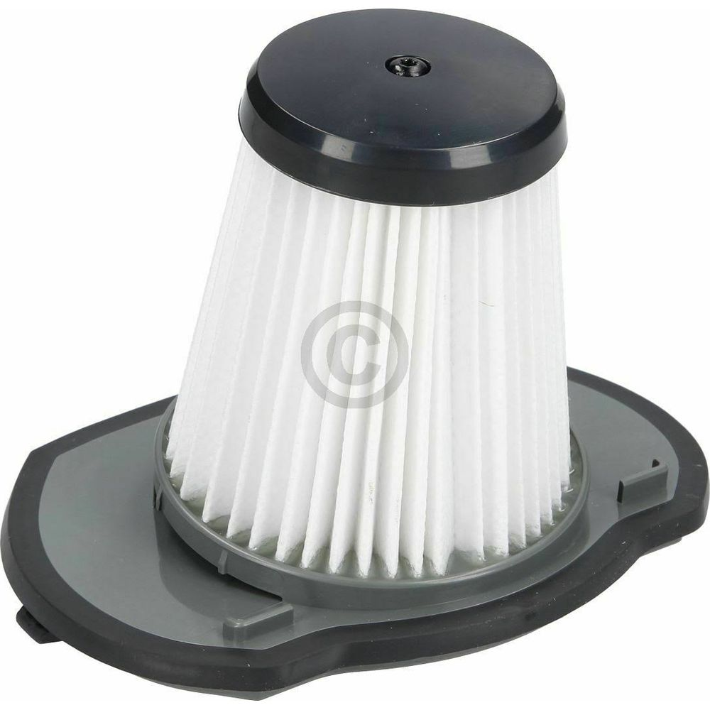 Ein weißer, plissierter Staubsaugerfilter mit schwarzem Deckel und grauer Basis.