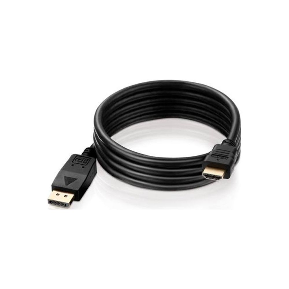 Schwarzes Kabel mit DisplayPort- und HDMI-Anschluss, aufgerollt.
