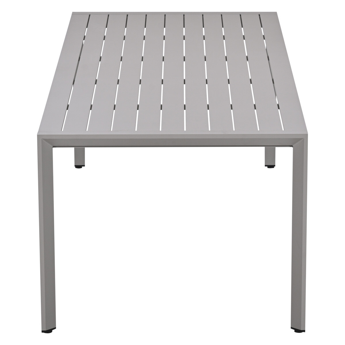 Een grijze tafel met een lamellenblad en vier poten.