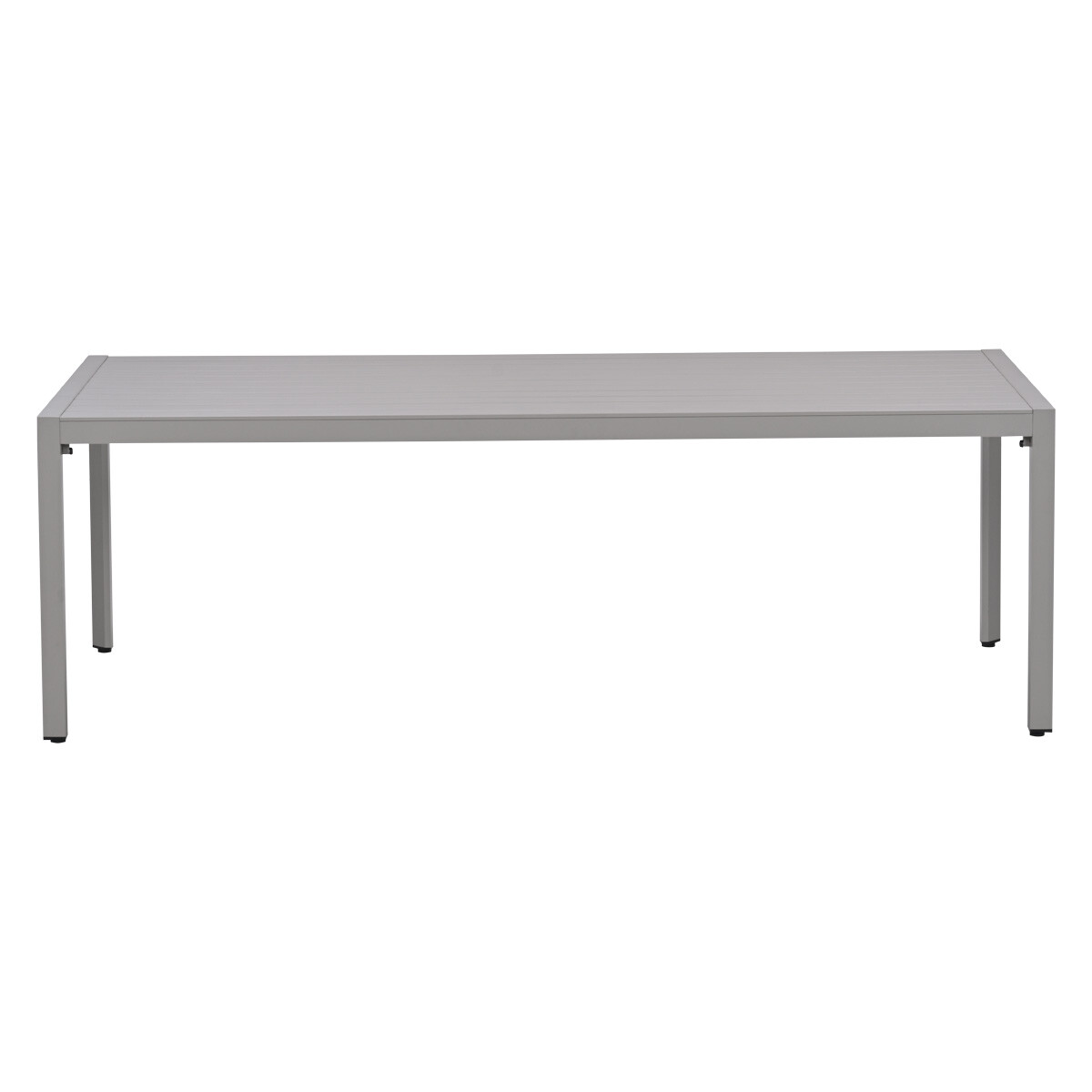 Een lange, smalle, grijze tafel met vier poten op een witte achtergrond.