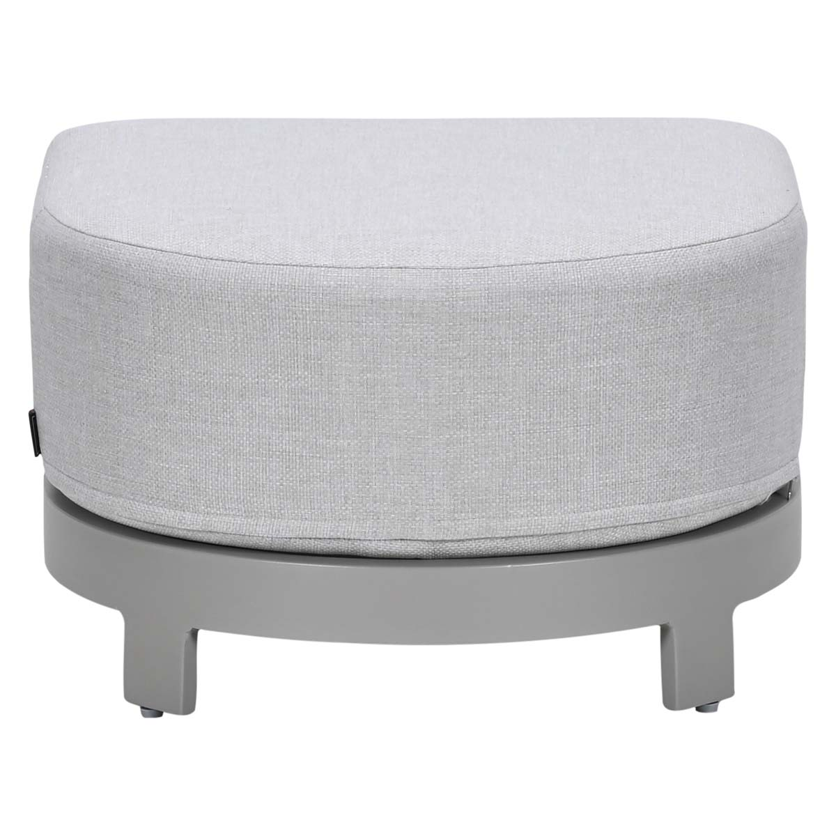 A light gray upholstered ottoman with a gray base and legs.