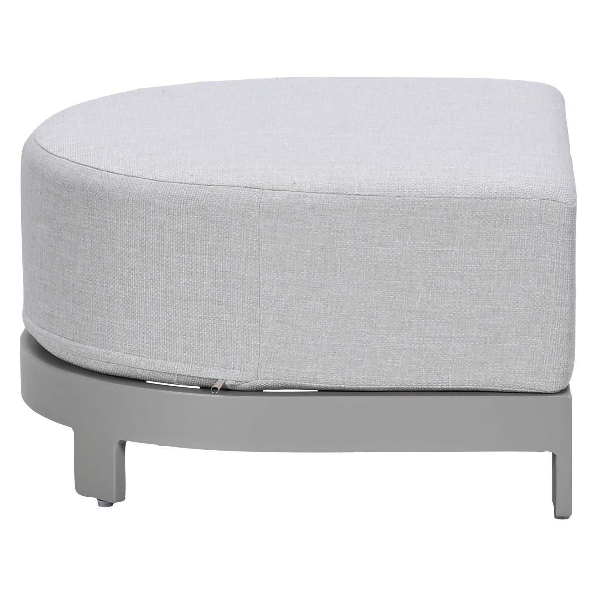 A grey upholstered ottoman with a rounded front on a metal base.