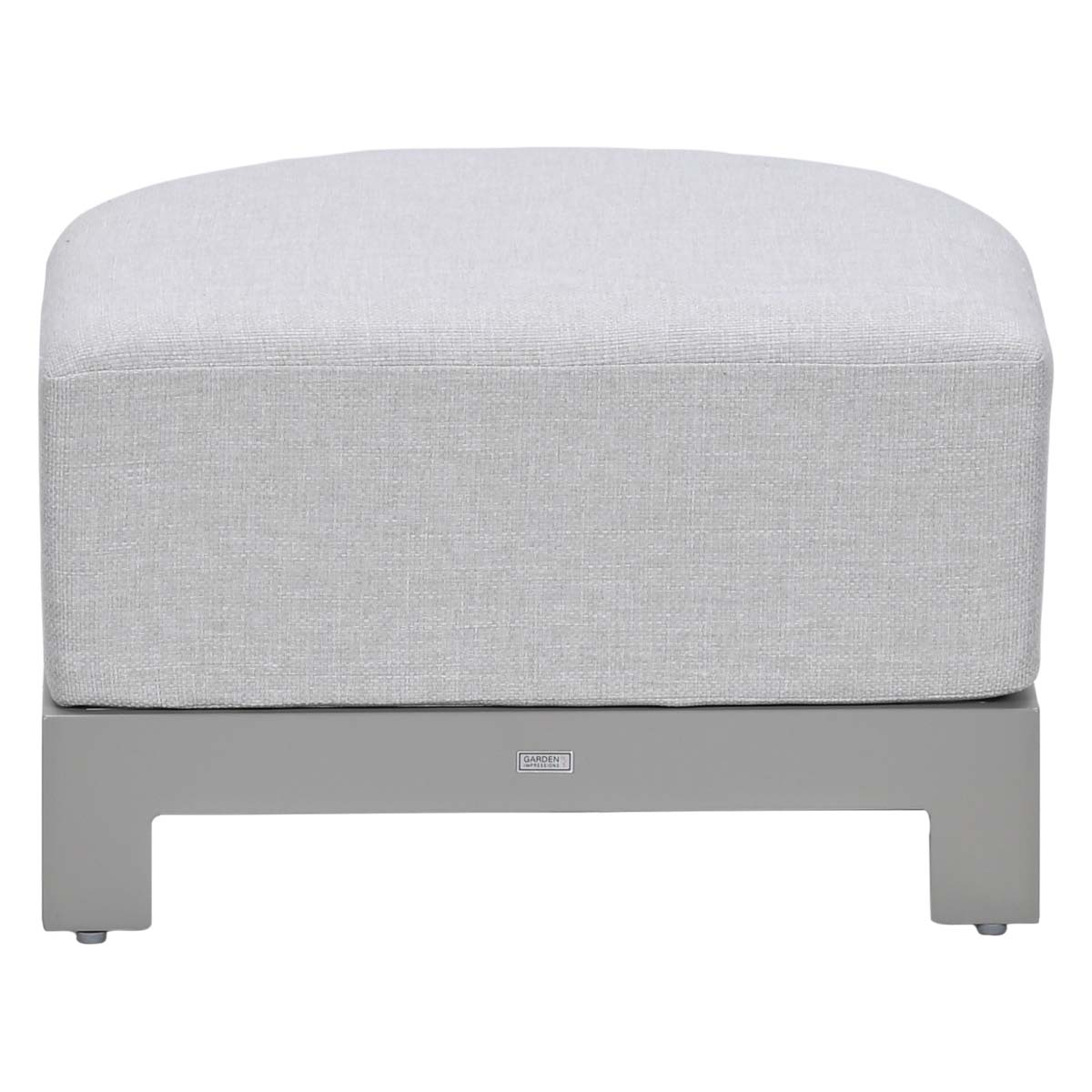 A gray upholstered ottoman with a metal frame stands against a white background.