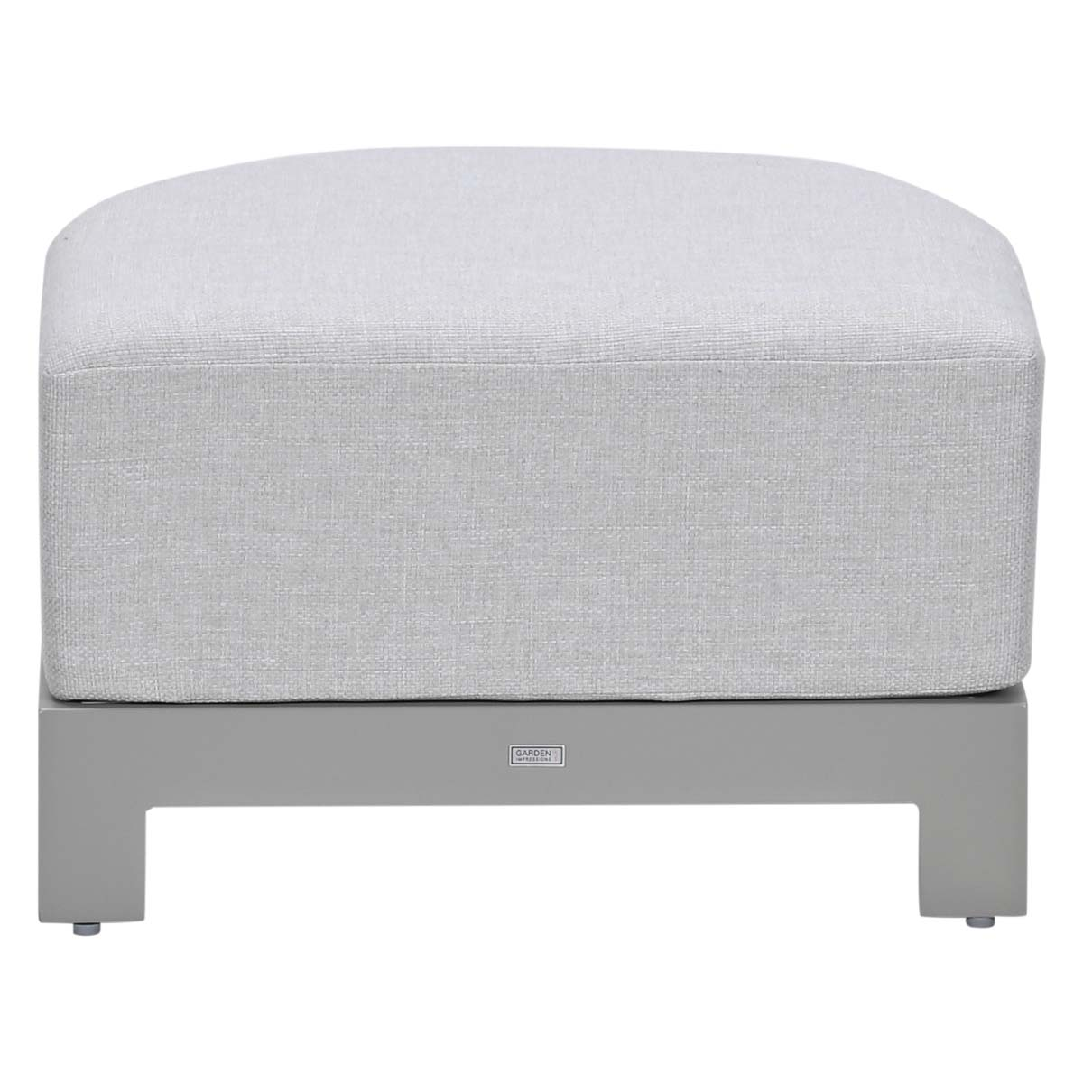A light gray ottoman with a padded top and a metal frame.