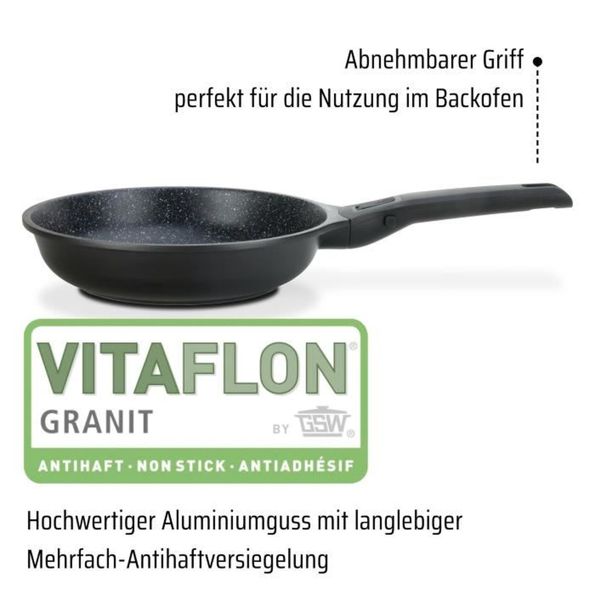 Schwarze Pfanne mit abnehmbarem Griff und 