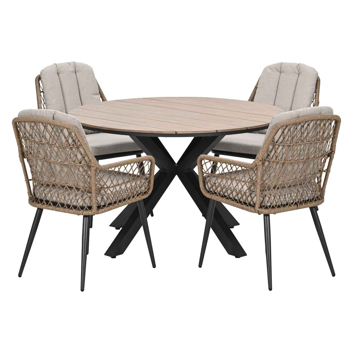 Ronde houten tafel met vier rotan stoelen met lichte kussens en zwarte poten.