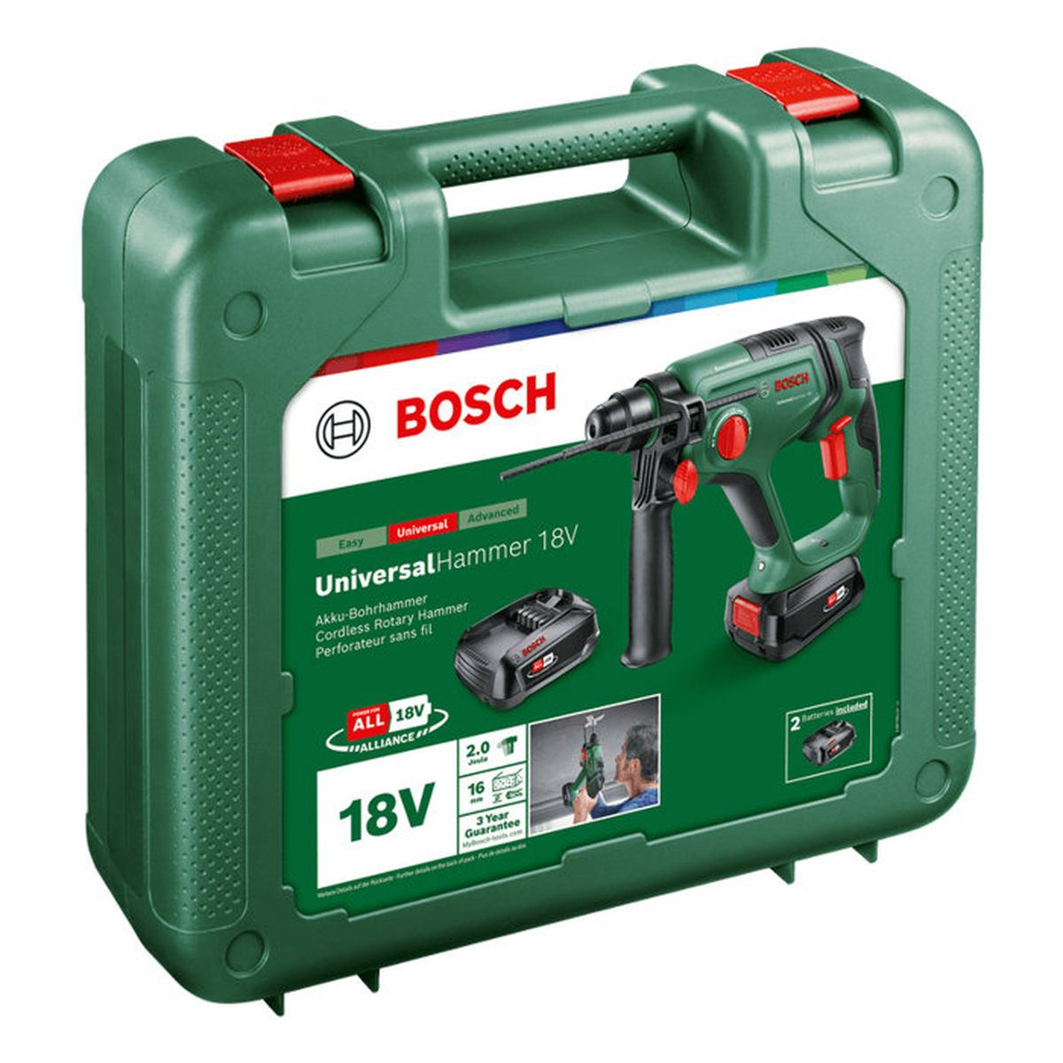 Una custodia verde che mostra un martello Bosch Universal Hammer 18V e accessori.