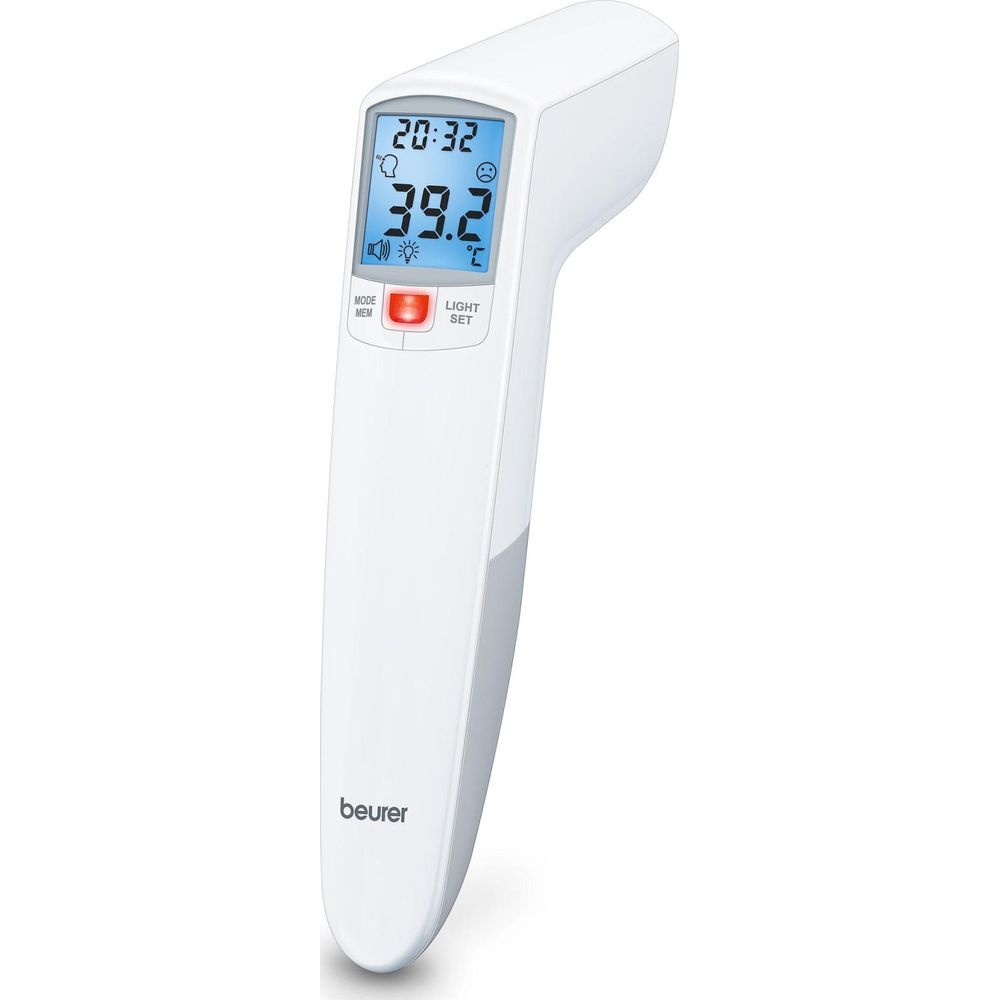 Ein weißes digitales Fieberthermometer mit blauem Bildschirm, das 39,2°C anzeigt.