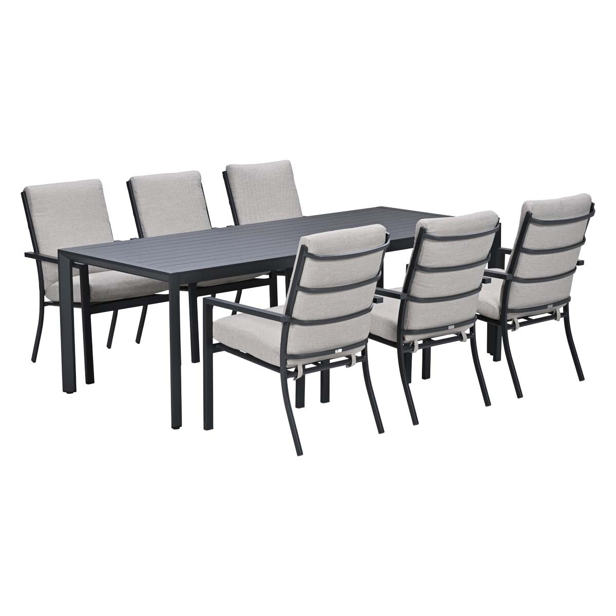 Een donkere rechthoekige tafel met zes lichtgrijze stoelen met metalen frame.