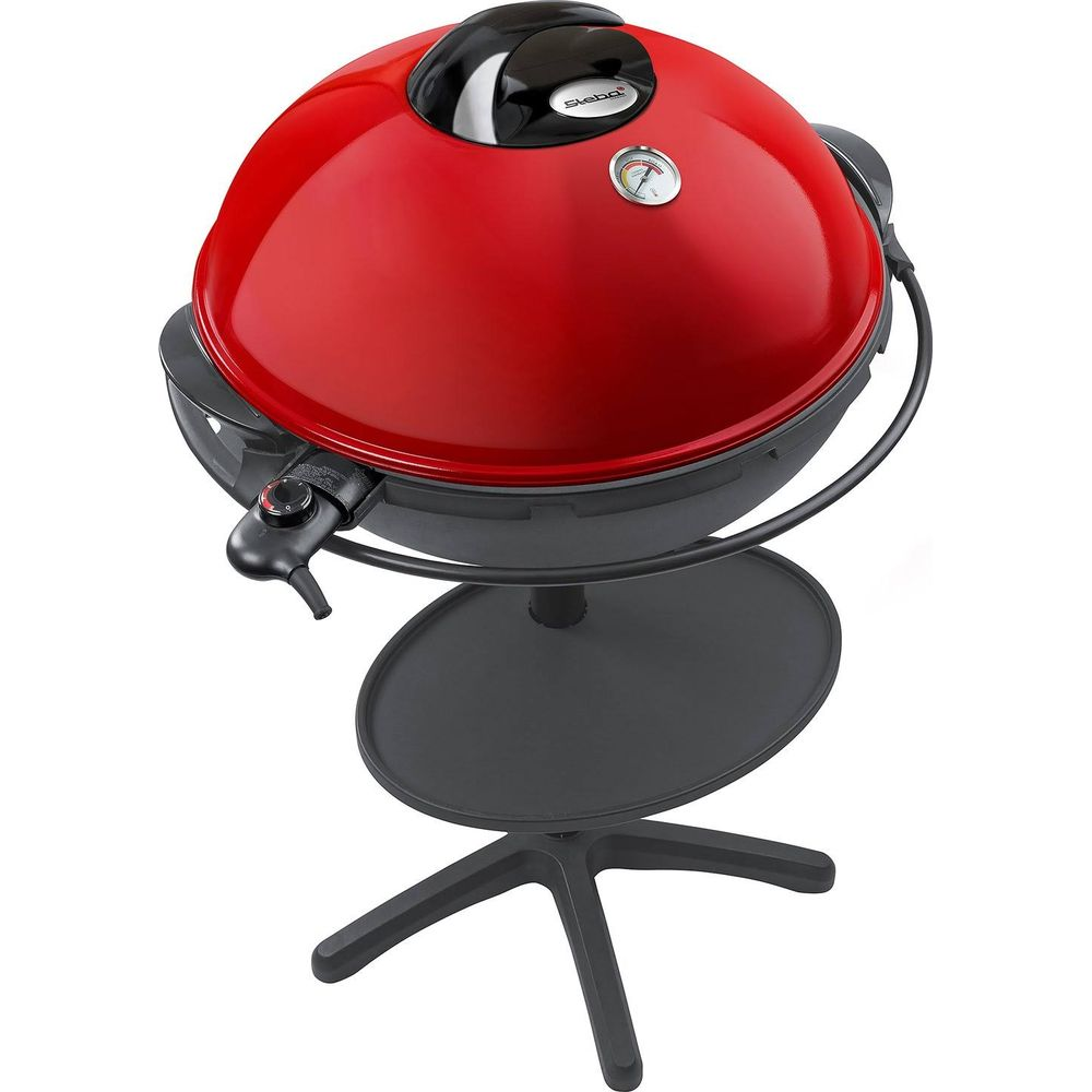 Ein roter Elektrogrill mit Thermometer und Steuerung auf einem schwarzen Ständer.