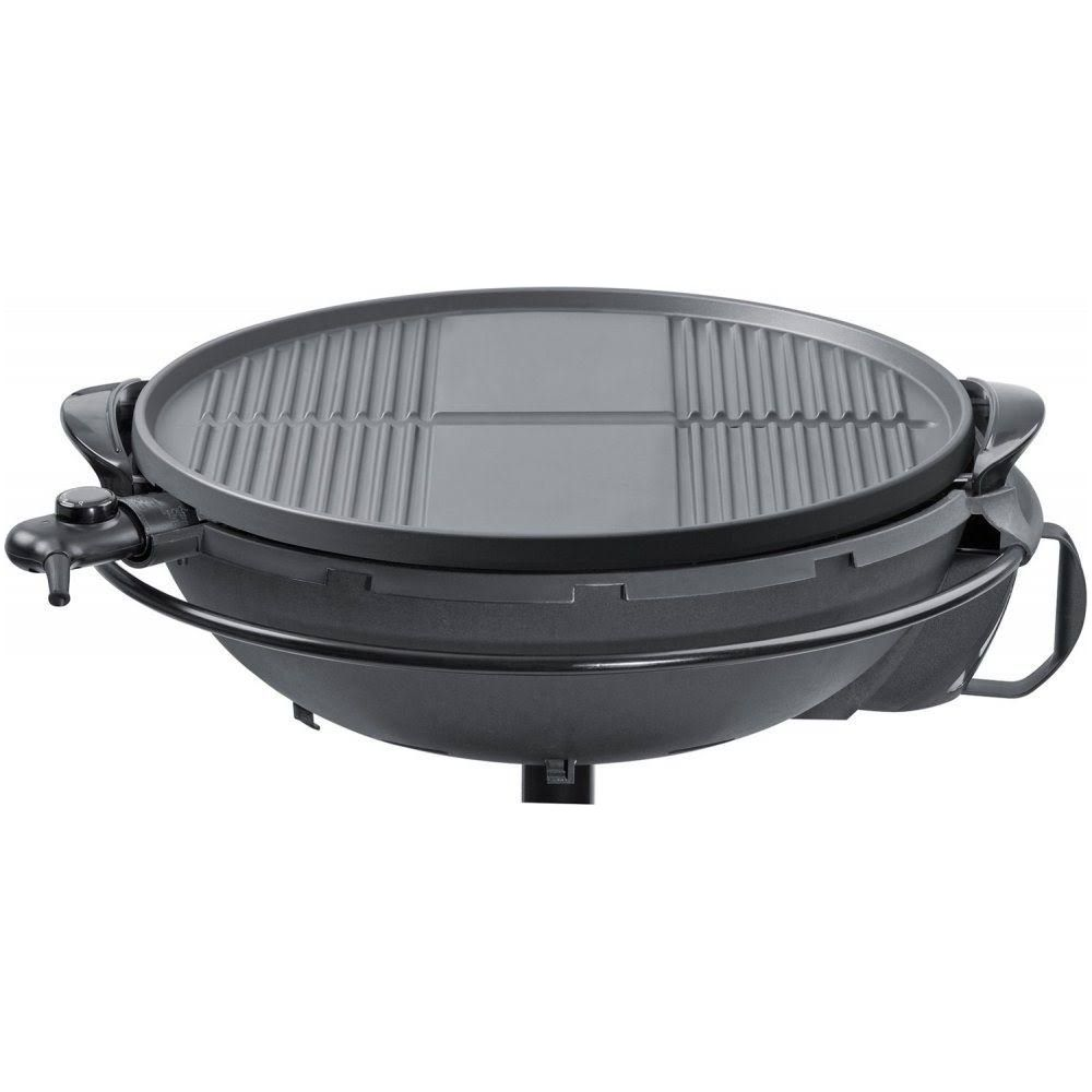 Ein schwarzer Elektrogrill mit gerippter und flacher Seite.