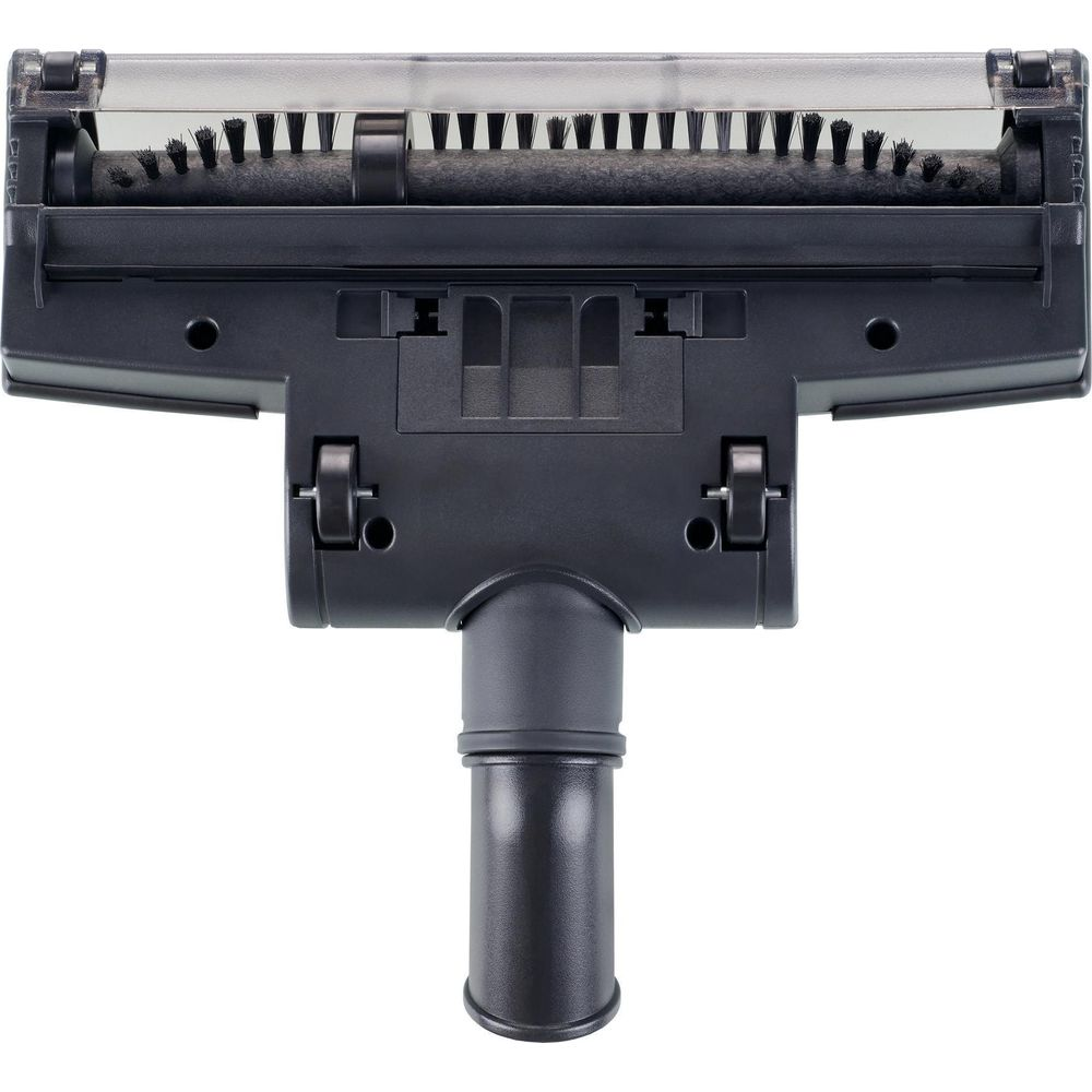 Bocchetta aspirapolvere grigio scuro con spazzola rotante e ruote.