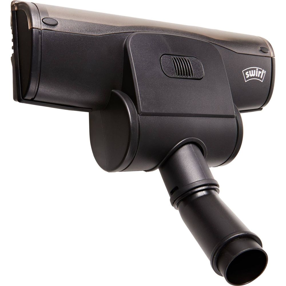 Testata aspirapolvere in plastica nera con coperchio trasparente e logo Swirl.