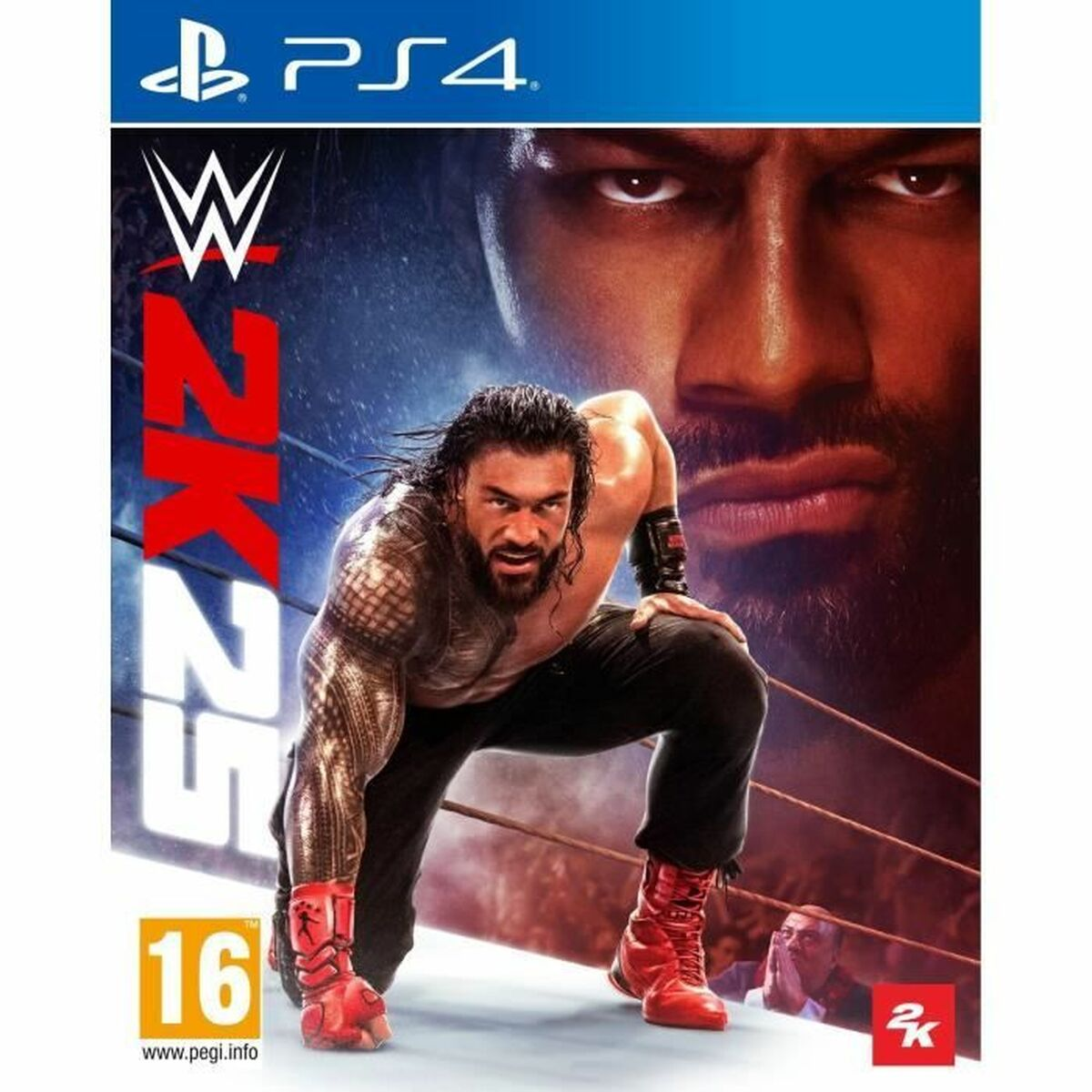 Copertina WWE 2K24 PS4 con Roman Reigns accovacciato, sfondo scuro.
