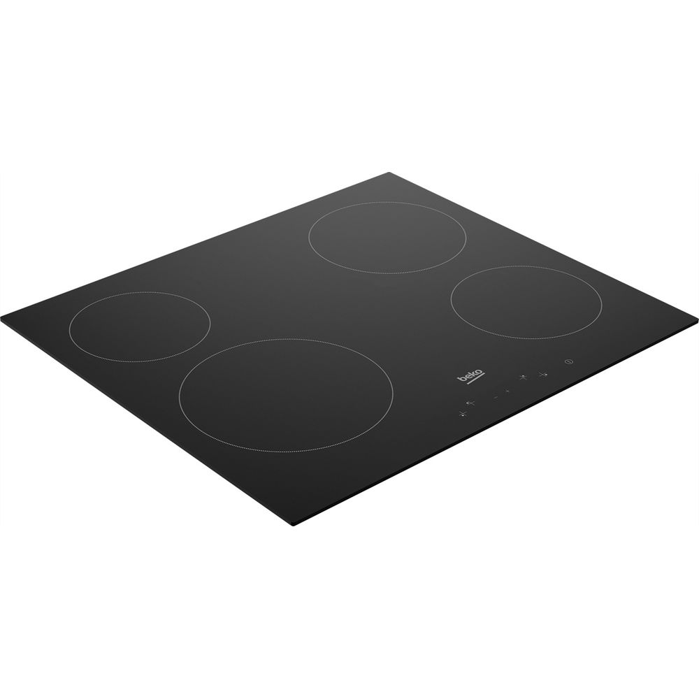 Piano cottura a induzione nero con quattro zone di cottura e comandi touch.