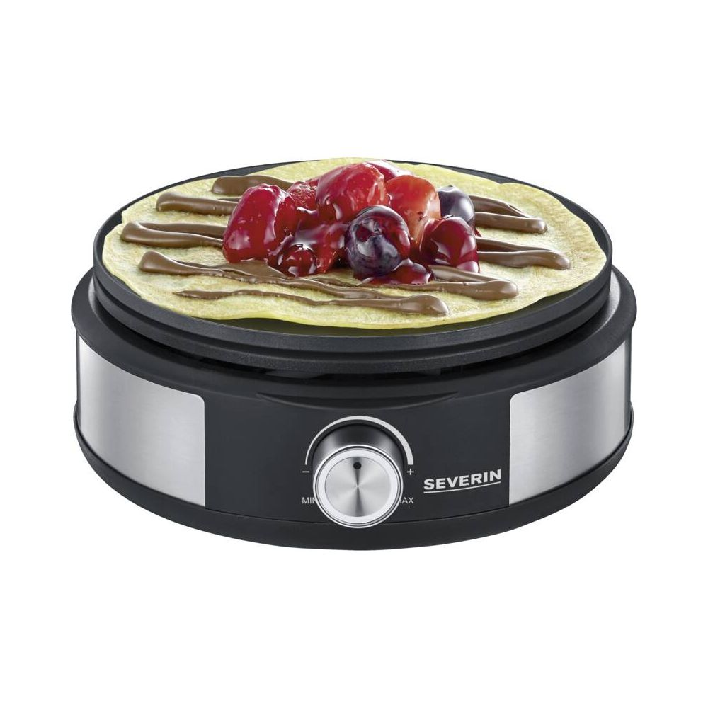 Crêpe met fruit en chocoladesaus op een Severin crêpeapparaat.