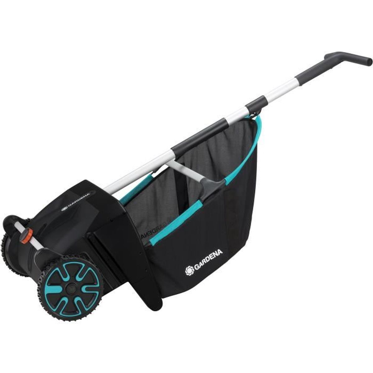 Ein schwarzer Handrasenmäher mit blauem Auffangbeutel und silbernem Griff.