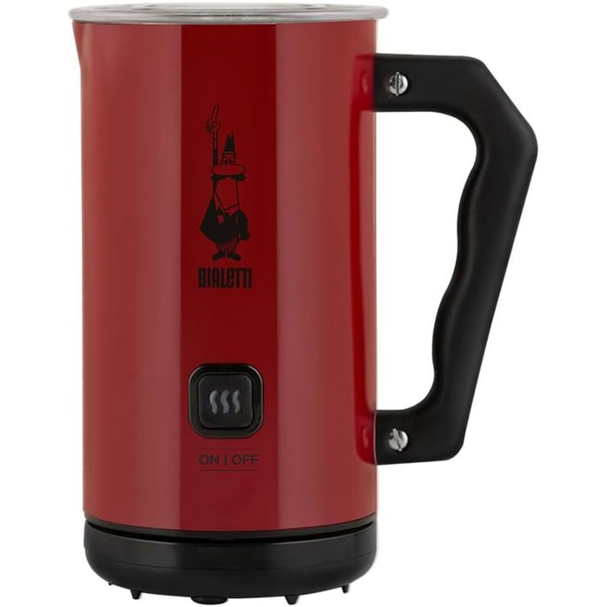 A red Bialetti milk frother with a black handle and controls.