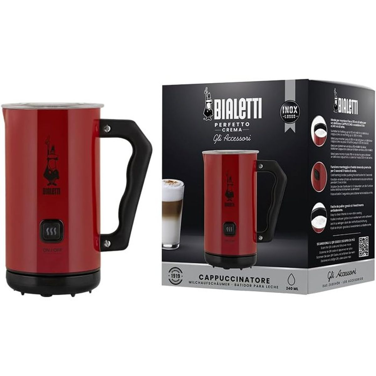 Red Bialetti milk frother with black handle next to its packaging.