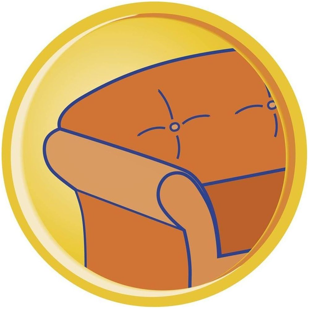 Ein orangefarbener Sessel mit blauen Linien auf gelbem Hintergrund.