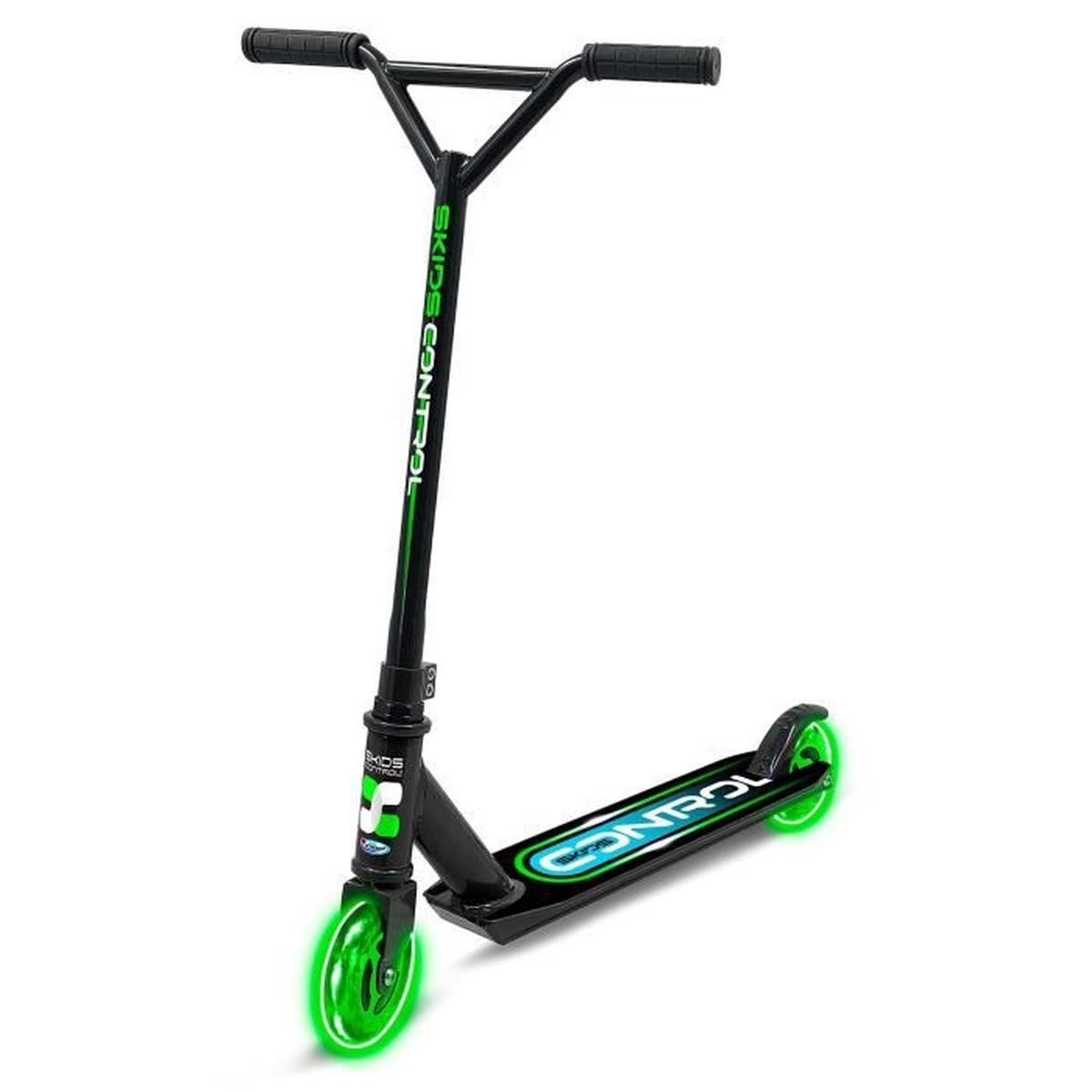 Uno scooter nero con ruote verdi luminose e grafiche testuali.