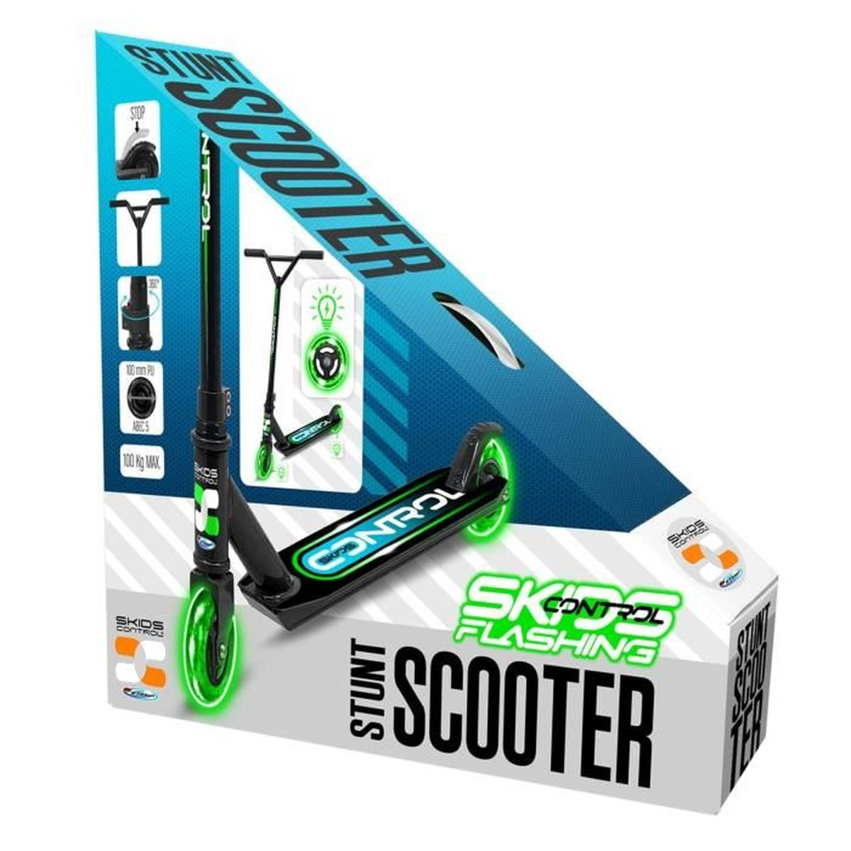 Uno scooter acrobatico con ruote verdi luminose sulla sua confezione.