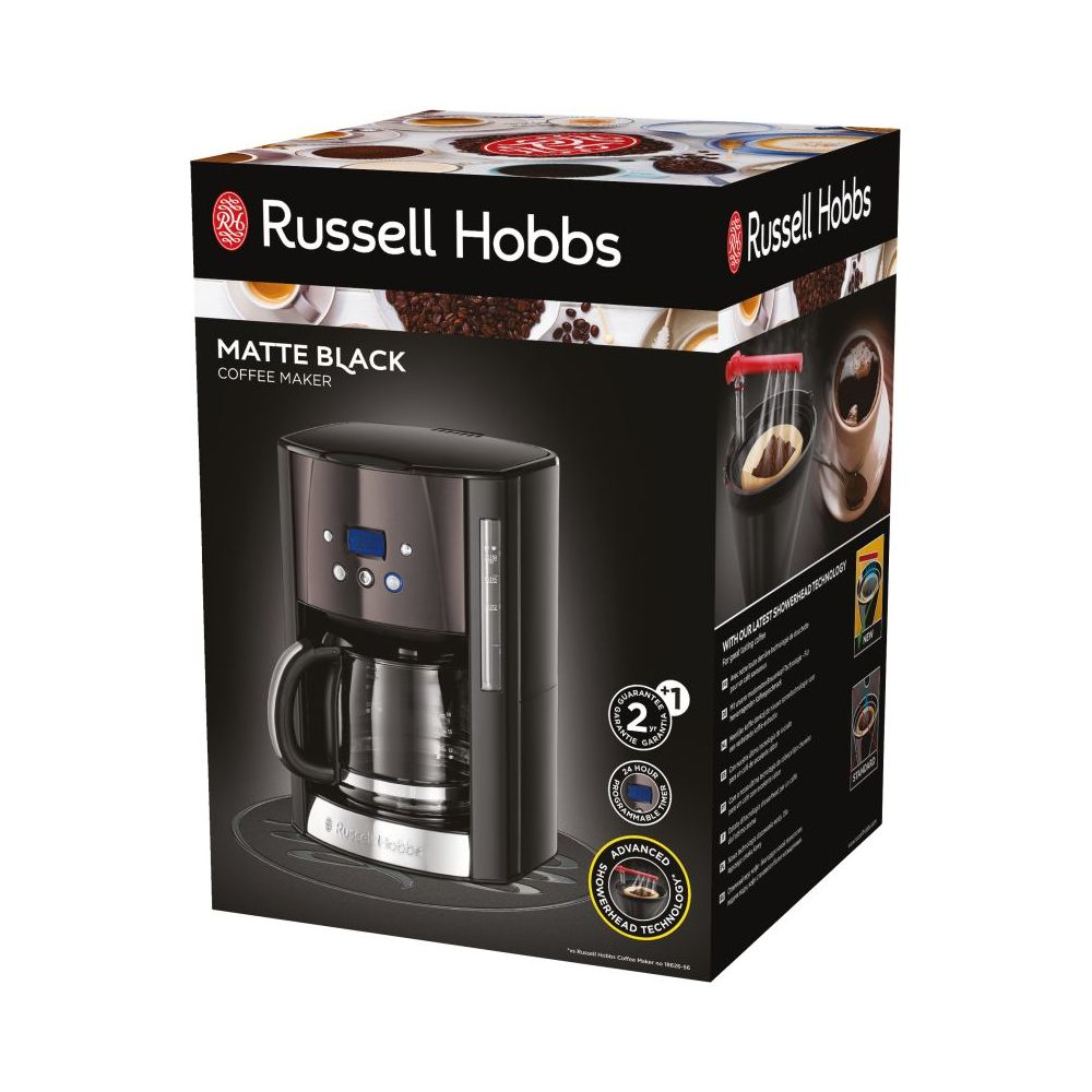 Cam sürahi ve kontrol panelli siyah Russell Hobbs kahve makinesi.