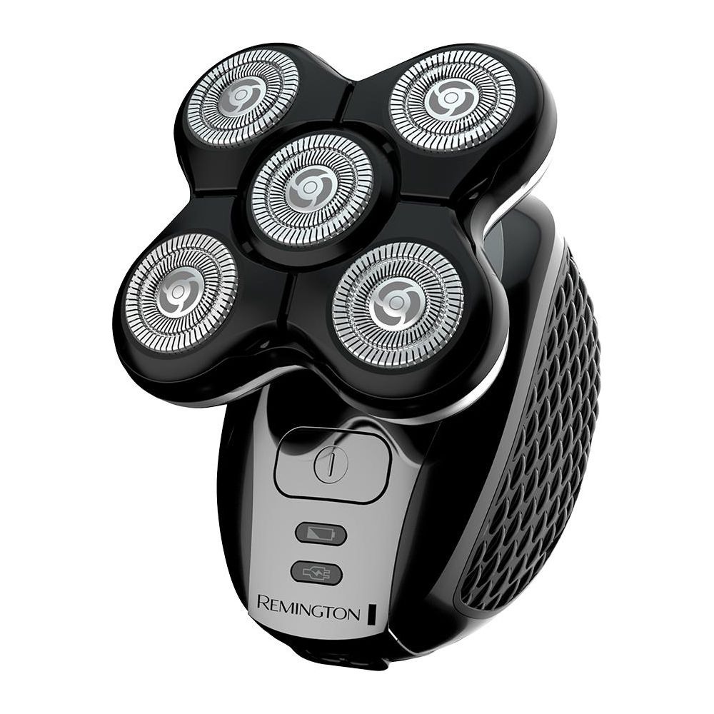 A black rotary shaver with five cutting heads and silver detailing.