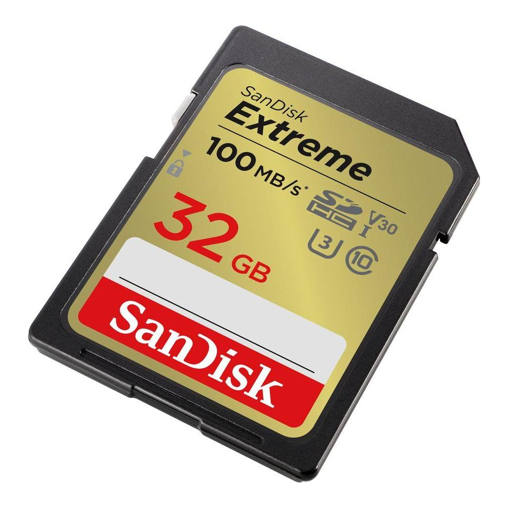 Karta pamięci SanDisk Extreme 32GB o prędkości odczytu 100 MB/s.