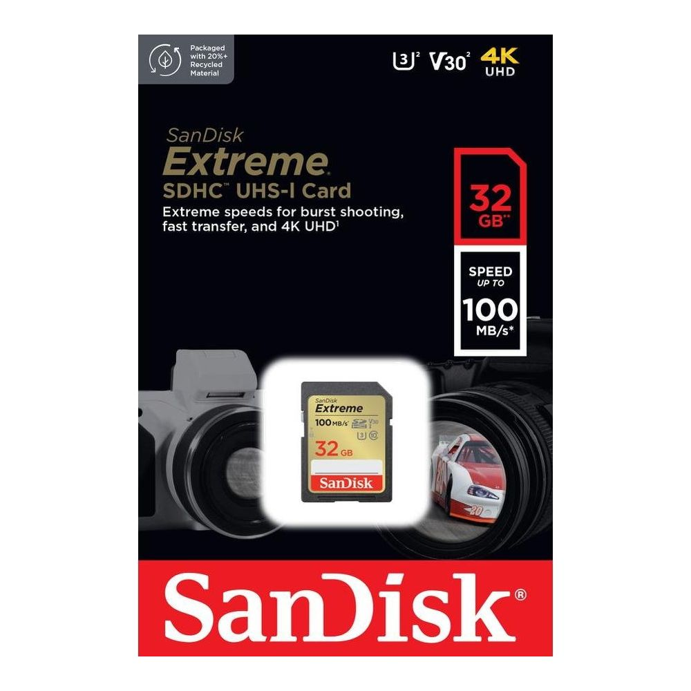 Karta SanDisk Extreme SDHC, 32 GB, 100 MB/s. Opakowanie z recyklingu.